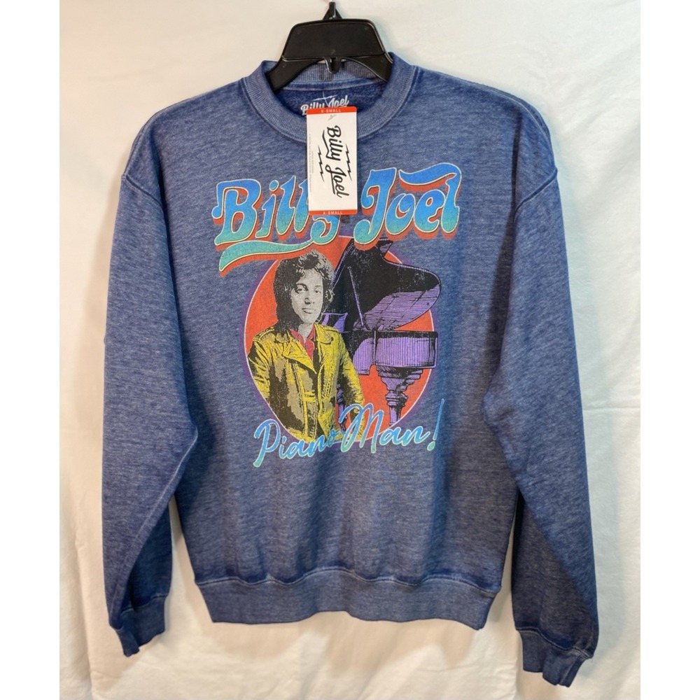 Billy Joel Piano Man Graphic Sweatshirt Powder Blue Burnout Wash XS 16294 NEW